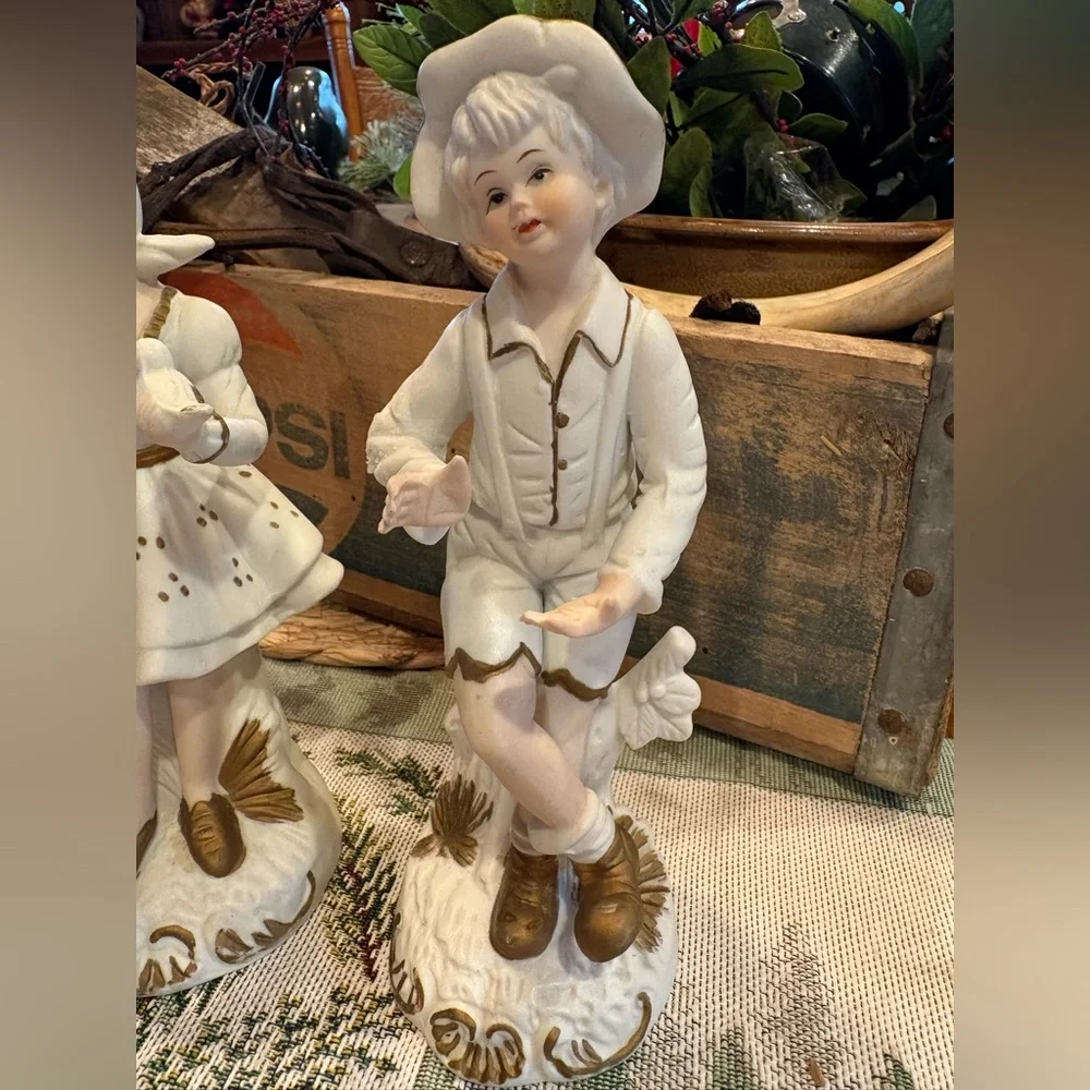 Vintage Bisque Porcelain Little Girl & Boy Figurines gold accents Made In Korea